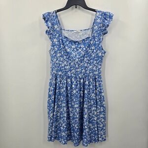 Loemes Blue Floral Ruffle Sleeve Mini Dress Square Neck with Pockets XL